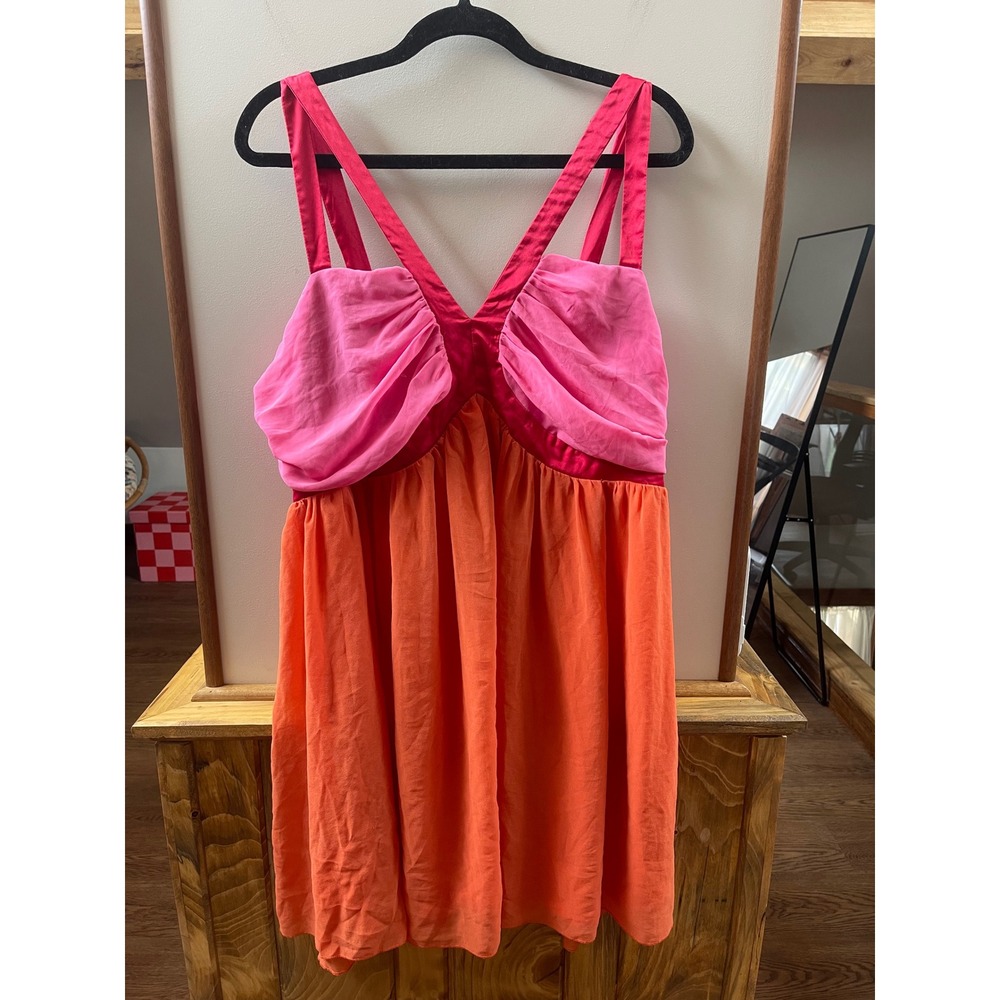 Dots Colorblock Babydoll Dress Womens 3X Pink Orange V-Neck Mini